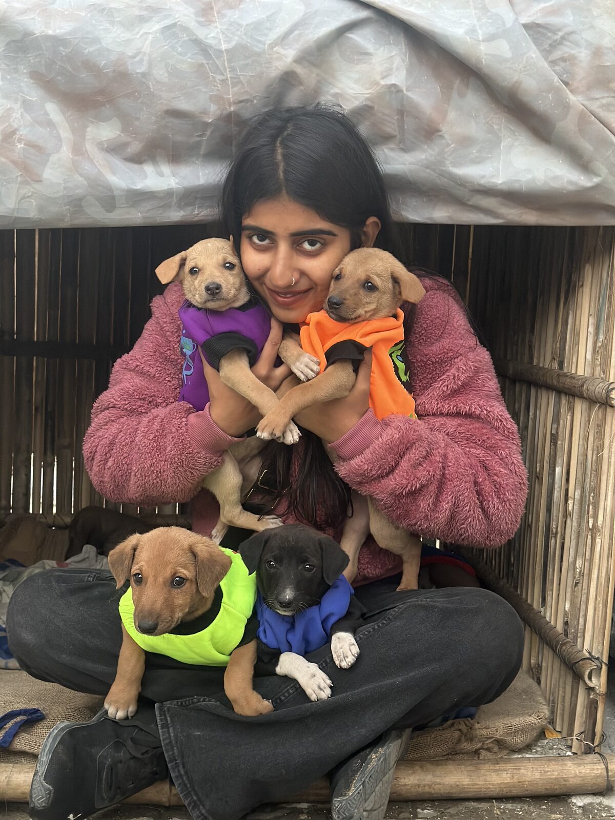 Suhani holding four rescued puppies in colored vests