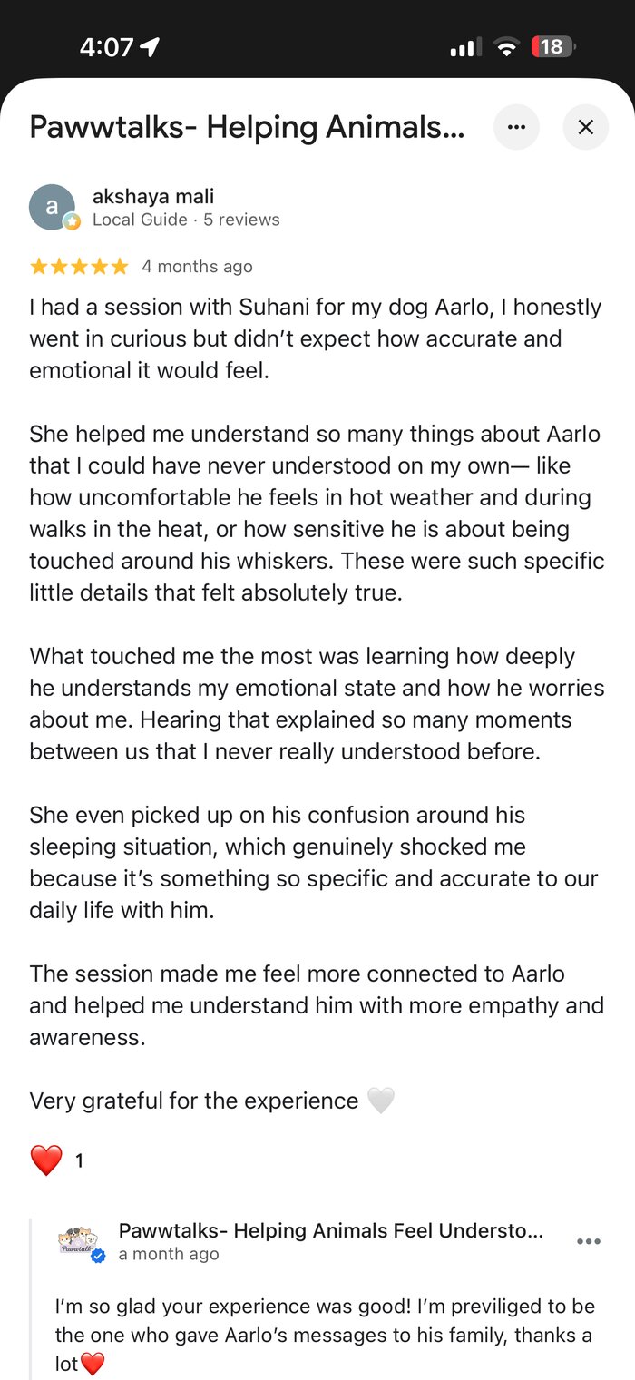 Google review from Akshaya Mali about her session with Aarlo